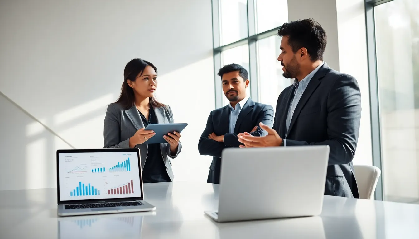 diverse professionals discussing customer service technologies in a modern office.